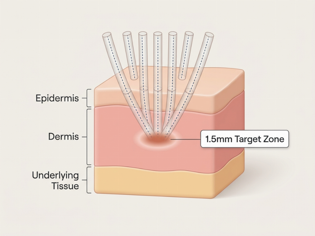 Sofwave targets the mid-dermis at a 1.5mm depth using parallel ultrasound beams.