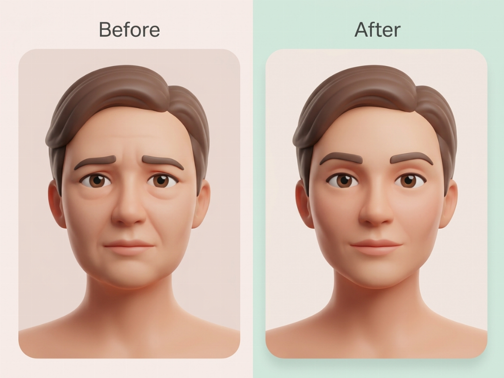 Visible lifting of the eyebrows and sharpening of the jawline after Sofwave.