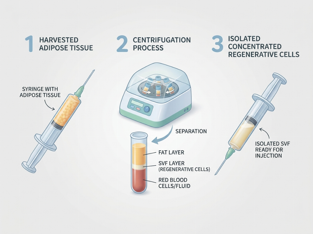 The process of isolating the Stromal Vascular Fraction (SVF) from harvested fat.