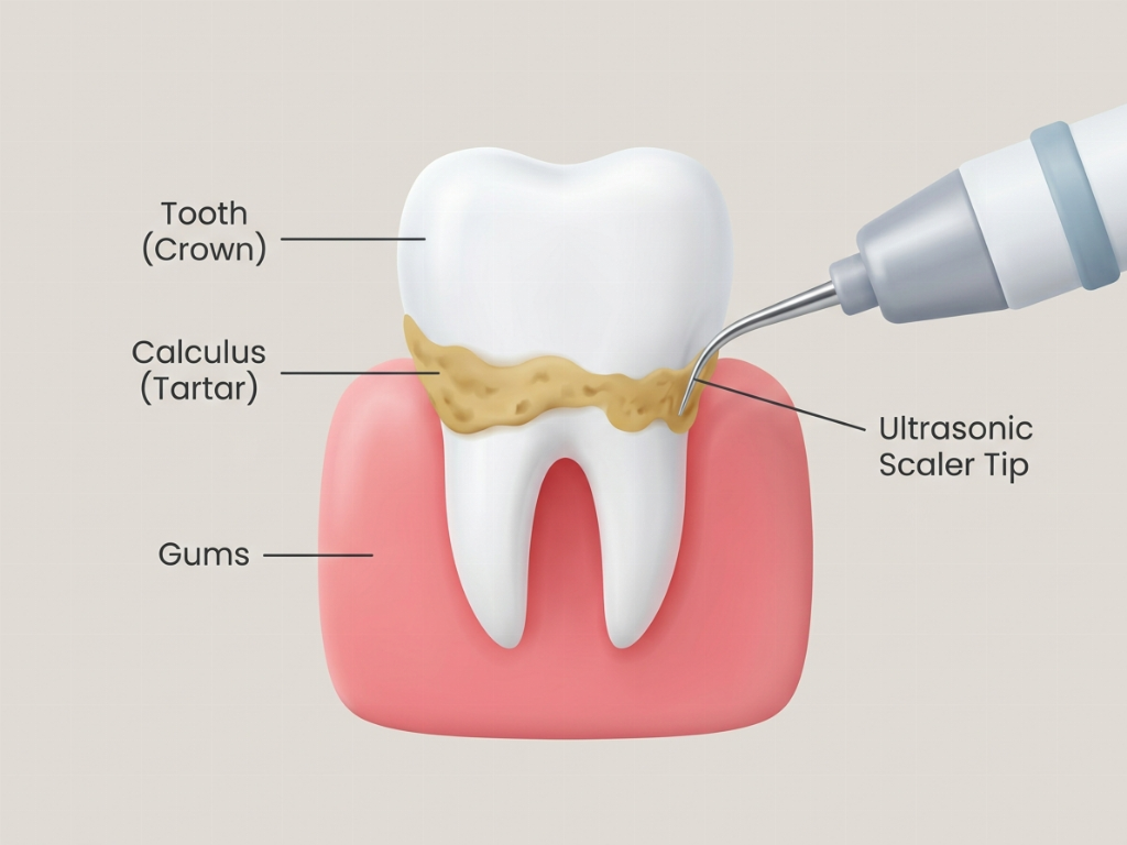 Ultrasonic scaling targets hardened calculus at the gum line.
