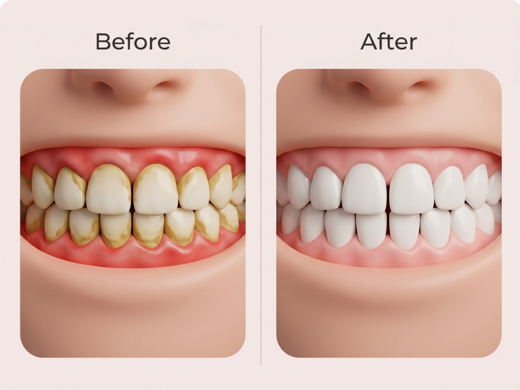 Visible improvement in gum health and cleanliness after scaling.