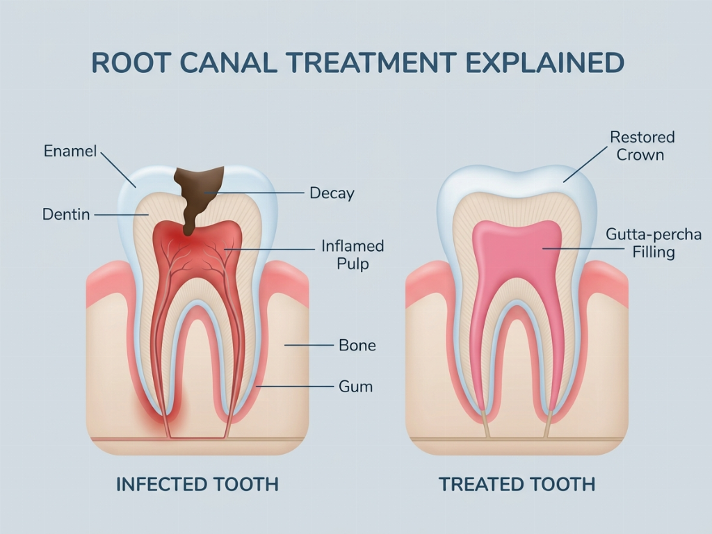 The root canal process involves removing infected pulp and sealing the canals.