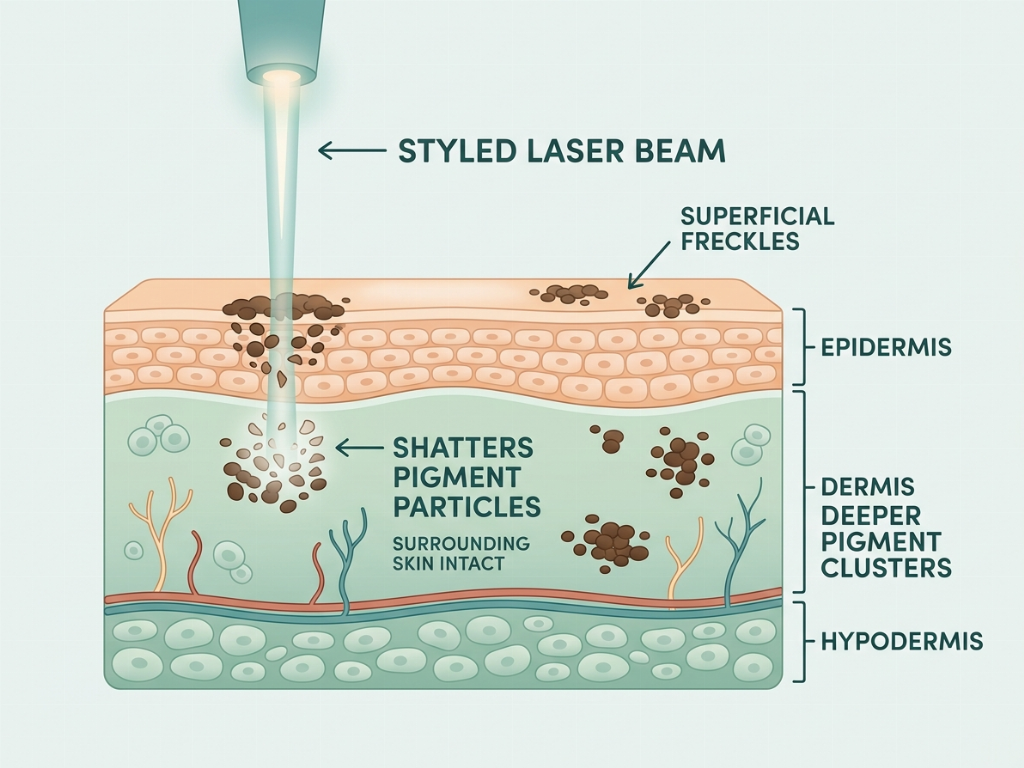 Laser energy selectively targets melanin at different skin depths.