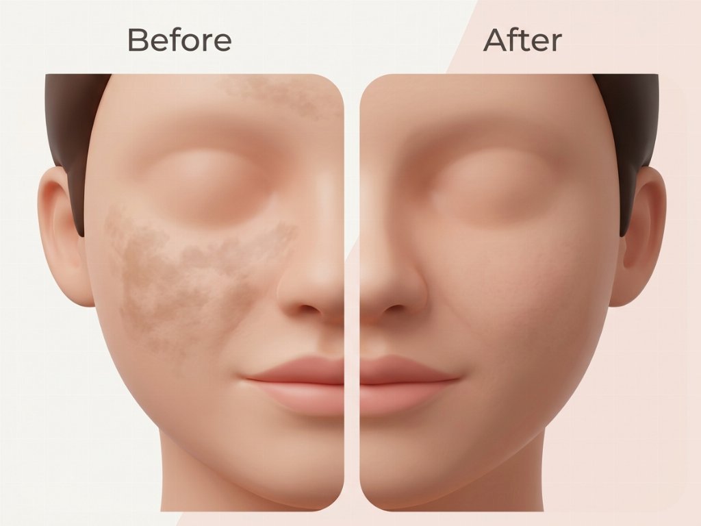 Gradual fading of hormonal melasma patches.