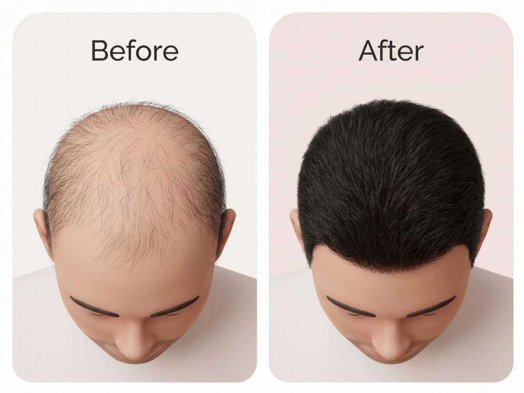 Increased hair density in the crown area for a patient with vertex thinning.