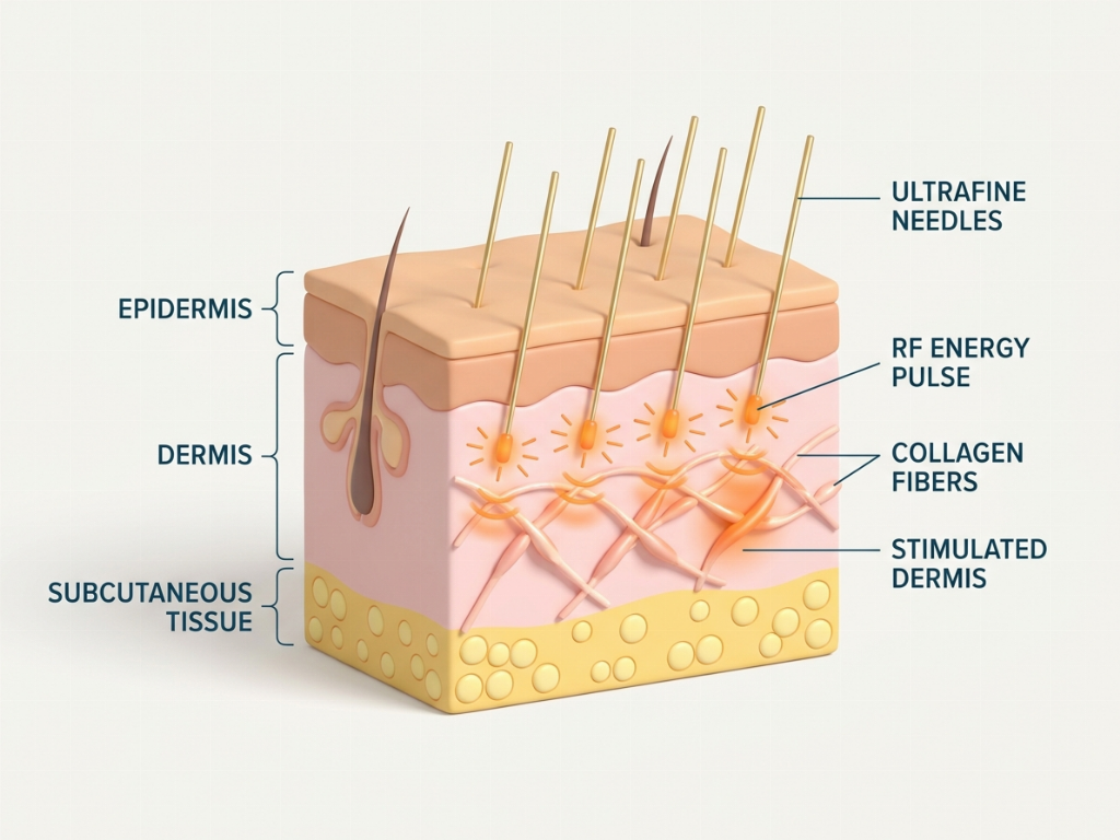 Potenza delivers RF energy through ultrafine needles to stimulate collagen.