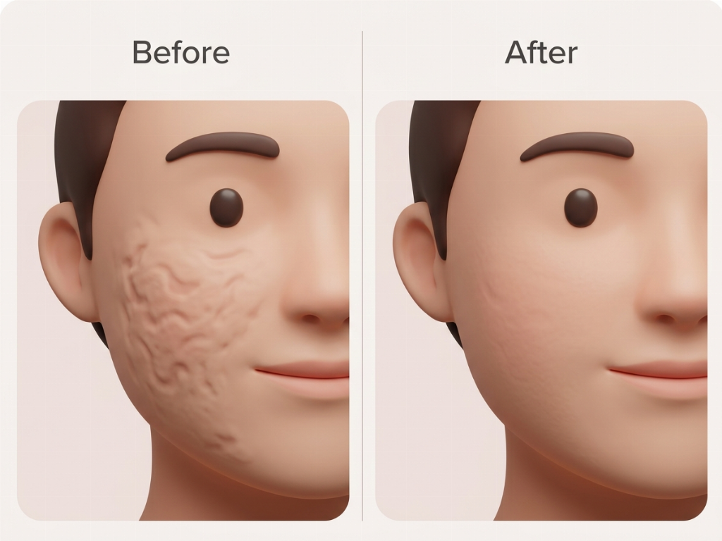 Visible reduction in the depth of rolling acne scars after Trans Therapy.