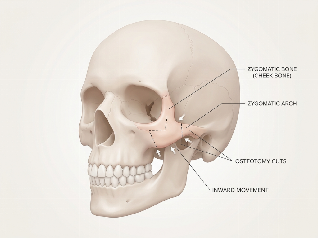 The L-shaped osteotomy allows for stable inward movement of the cheekbone.