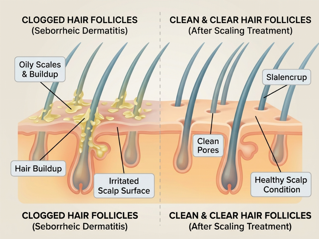 Clinical scalp scaling targets the epidermal surface and follicular openings to remove buildup.