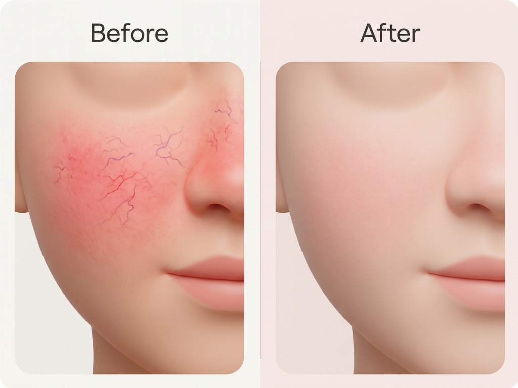 Realistic improvement of facial redness and spider veins after a series of laser treatments.