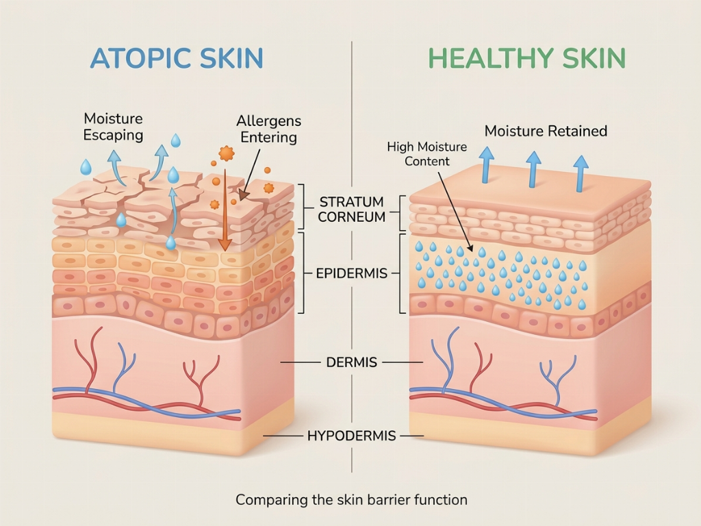 Comparison of a compromised skin barrier (left) and a healthy, hydrated barrier (right).