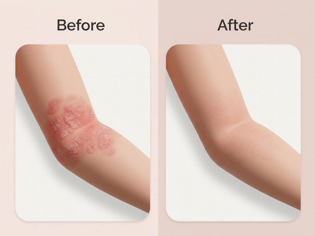 Visible reduction in redness and thickening of the skin after a course of treatment.