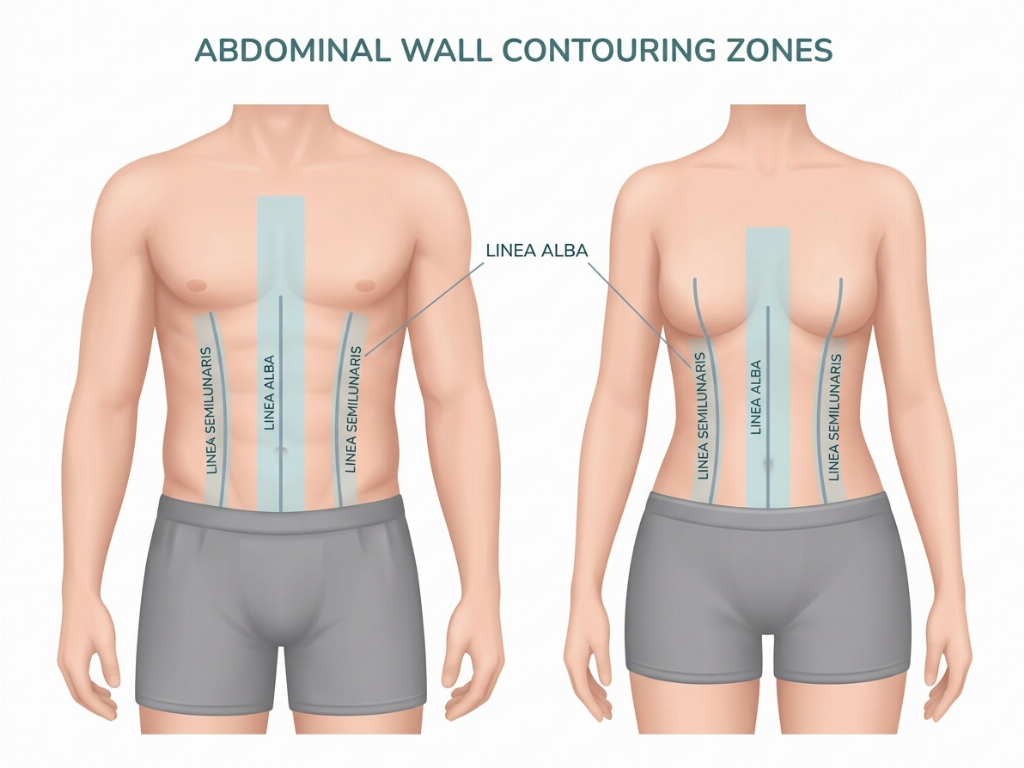 The procedure targets the vertical lines of the abdominal muscles for definition.