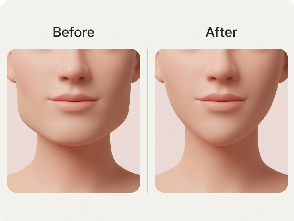 Frontal view showing the transition from a wide, square jaw to a slimmer, tapered V-line contour.