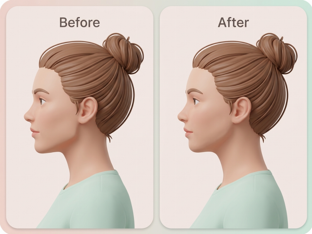 Side profile showing the reduction of a sharp mandibular angle for a smoother jawline.