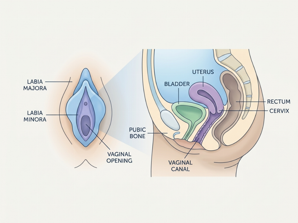 Common areas addressed in intimate surgery including the labia minora and vaginal canal.