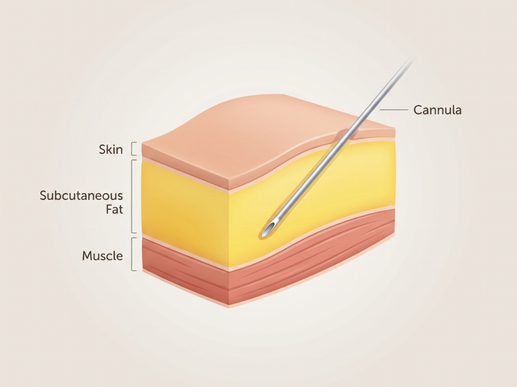 The cannula targets the subcutaneous fat layer while avoiding deeper muscle tissue.