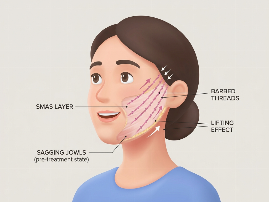 Specialized threads are inserted into the SMAS layer to provide structural support and lift.