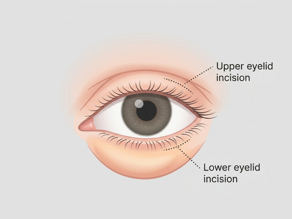 Common areas addressed during an eye area lift including excess skin and fat pads.