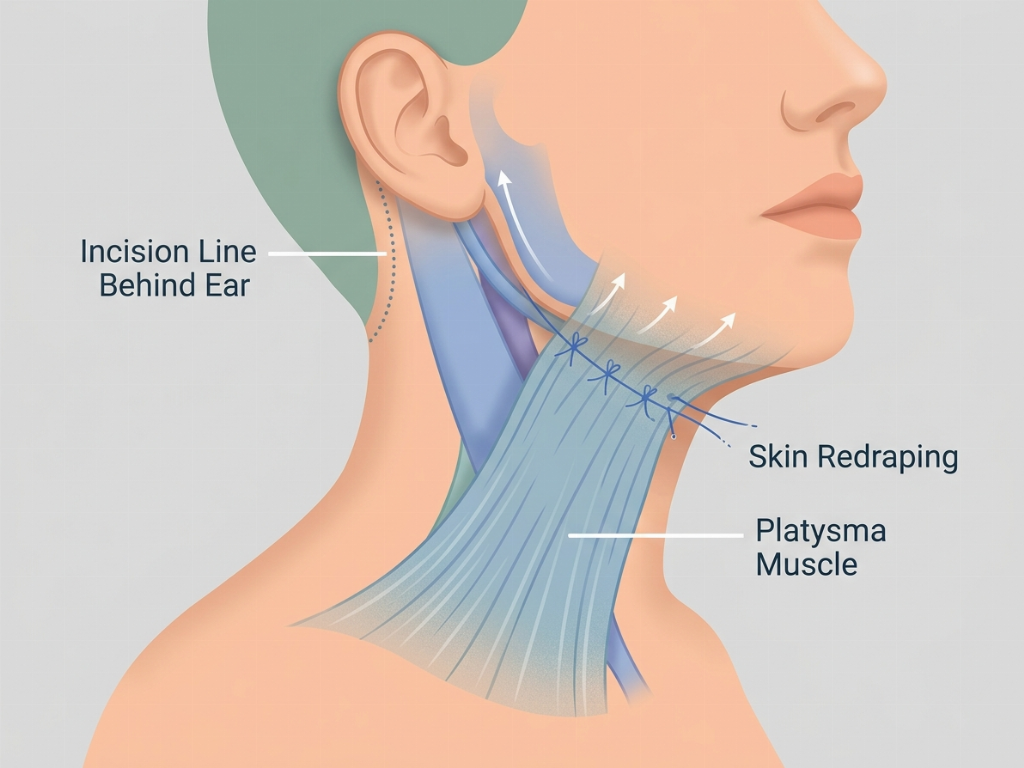The procedure involves tightening the platysma muscle and removing excess skin.