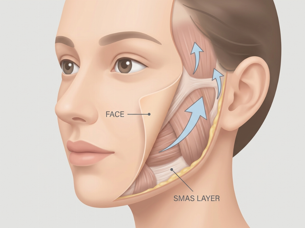 The SMAS layer is tightened beneath the skin for a structural, long-lasting lift.