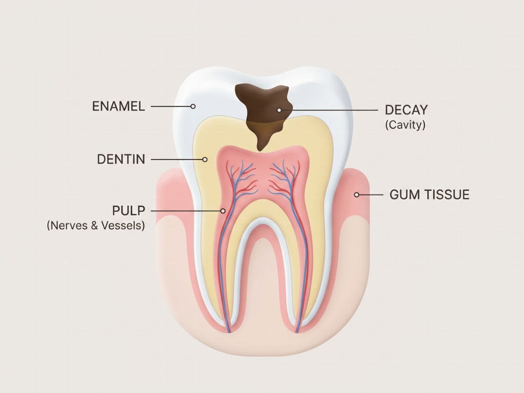Anatomy of a cavity showing decay penetrating the enamel and dentin layers.