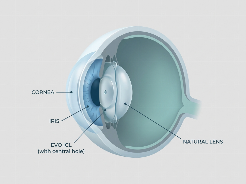 The EVO ICL is positioned behind the iris and in front of the natural lens.
