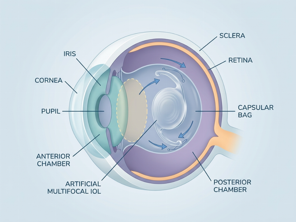 Refractive Lens Exchange (RLE) replaces the cloudy or stiff natural lens with a clear multifocal IOL.