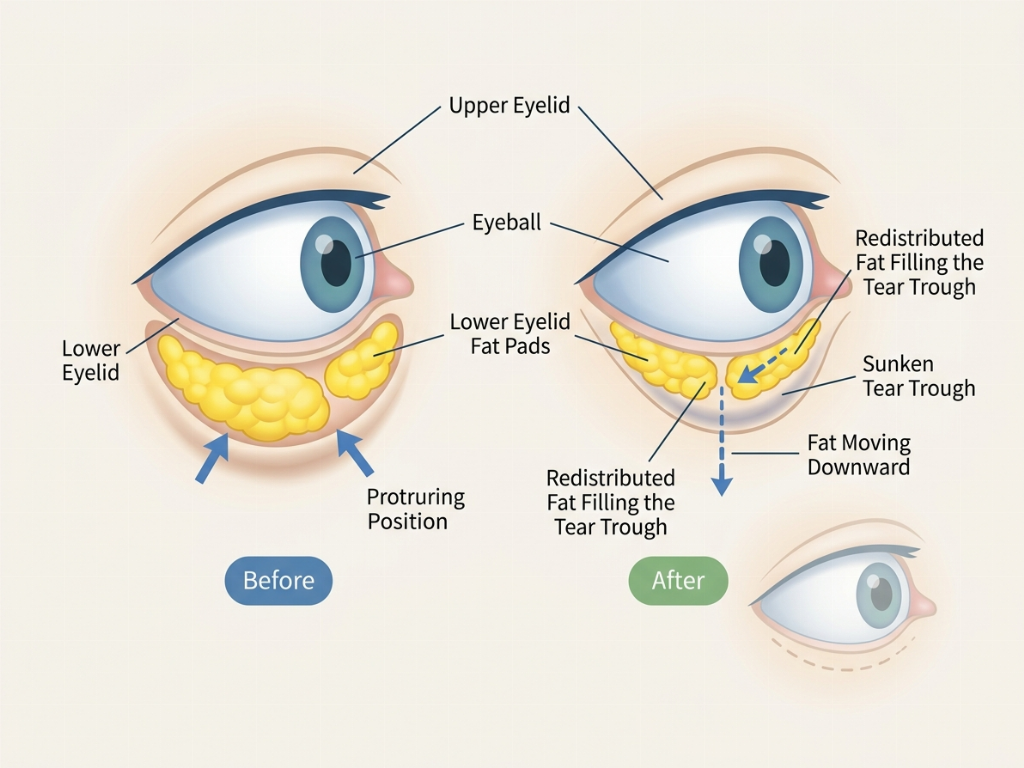 The Personal Eyes technique redistributes protruding fat into hollow tear troughs.