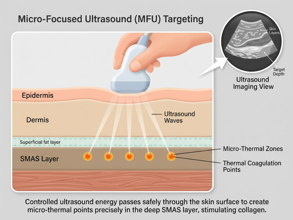 Ultherapy targets the deep SMAS layer using real-time ultrasound imaging.
