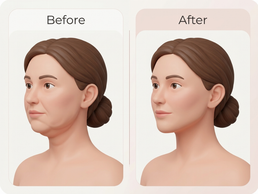 Visible improvement in jawline definition and neck tightness 3 months post-treatment.