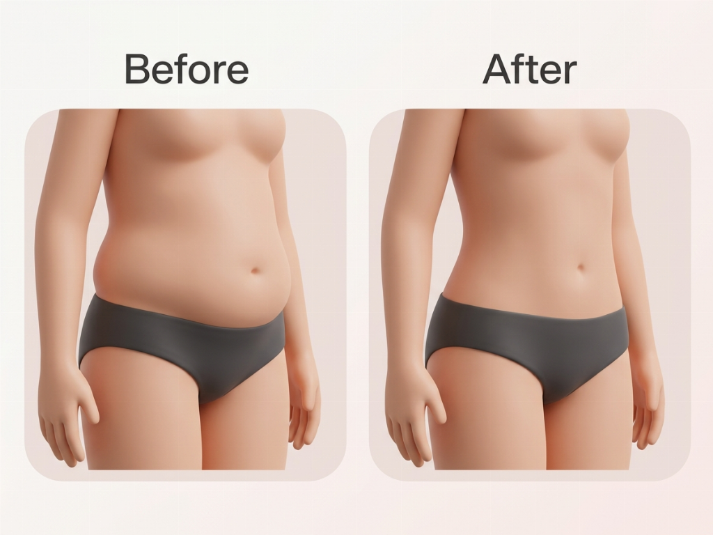 Abdominal contouring: Before (protruding midsection) and After (flatter, defined abdomen).