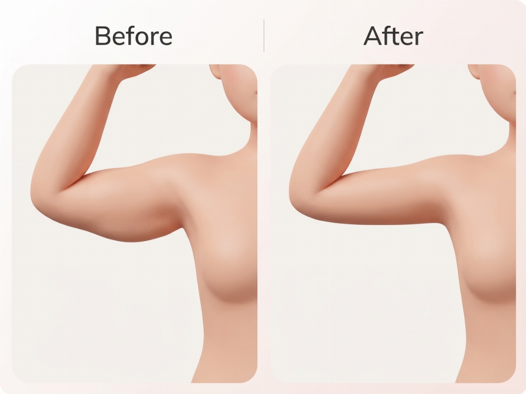 Upper arm contouring: Before (sagging fat) and After (slimmer, toned arm).