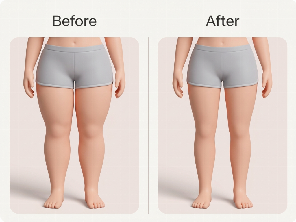 Thigh contouring: Before (full inner/outer thighs) and After (slimmer leg gap).
