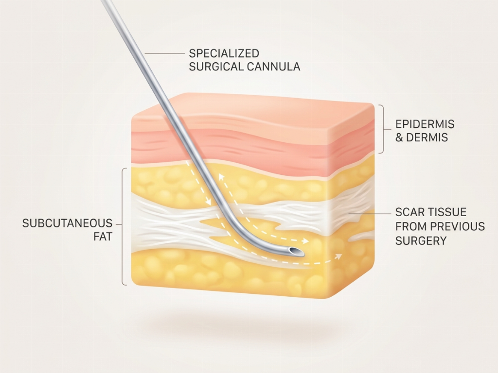 Specialized cannulas are used to navigate through fibrous scar tissue.