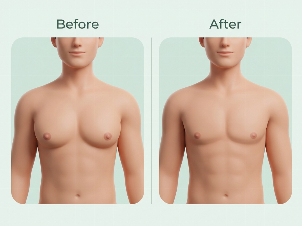 Frontal view showing the reduction of chest volume and improved pectoral definition.