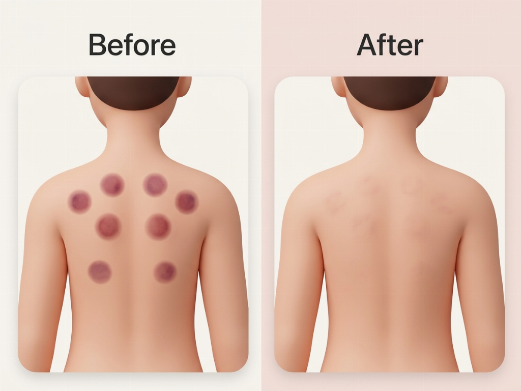 Typical appearance of cupping marks immediately after and 10 days later.