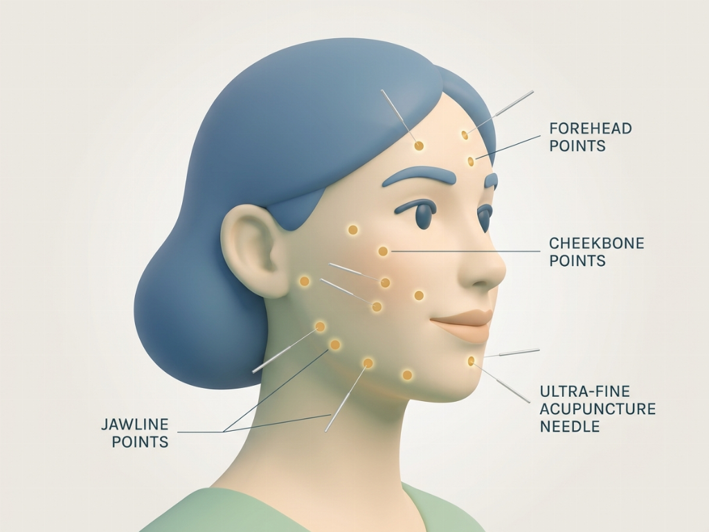 Strategic placement of acupuncture needles along facial meridians and muscle groups.