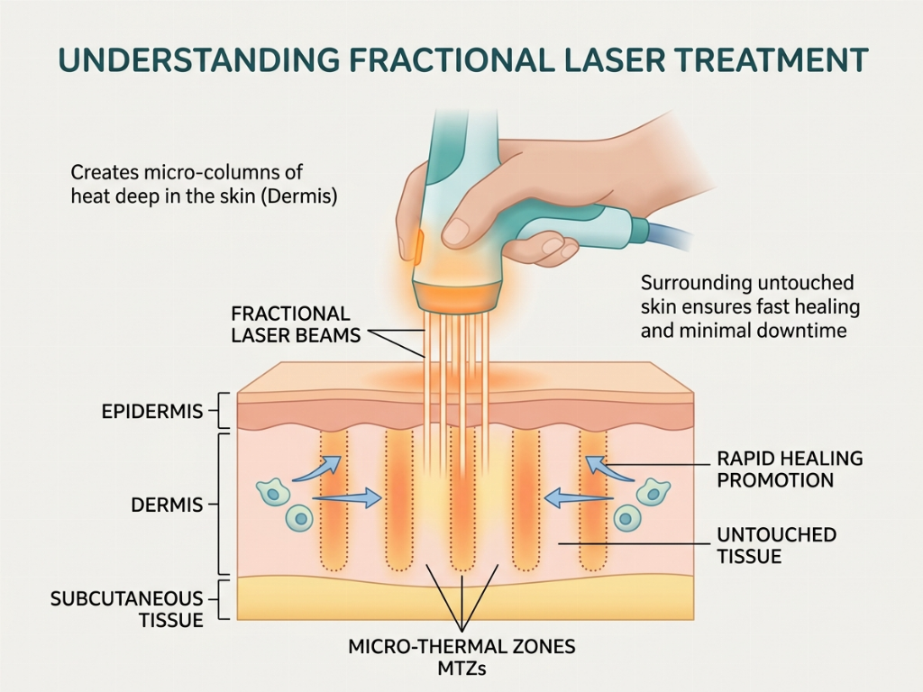 Fractional technology creates micro-thermal zones to trigger deep tissue repair.