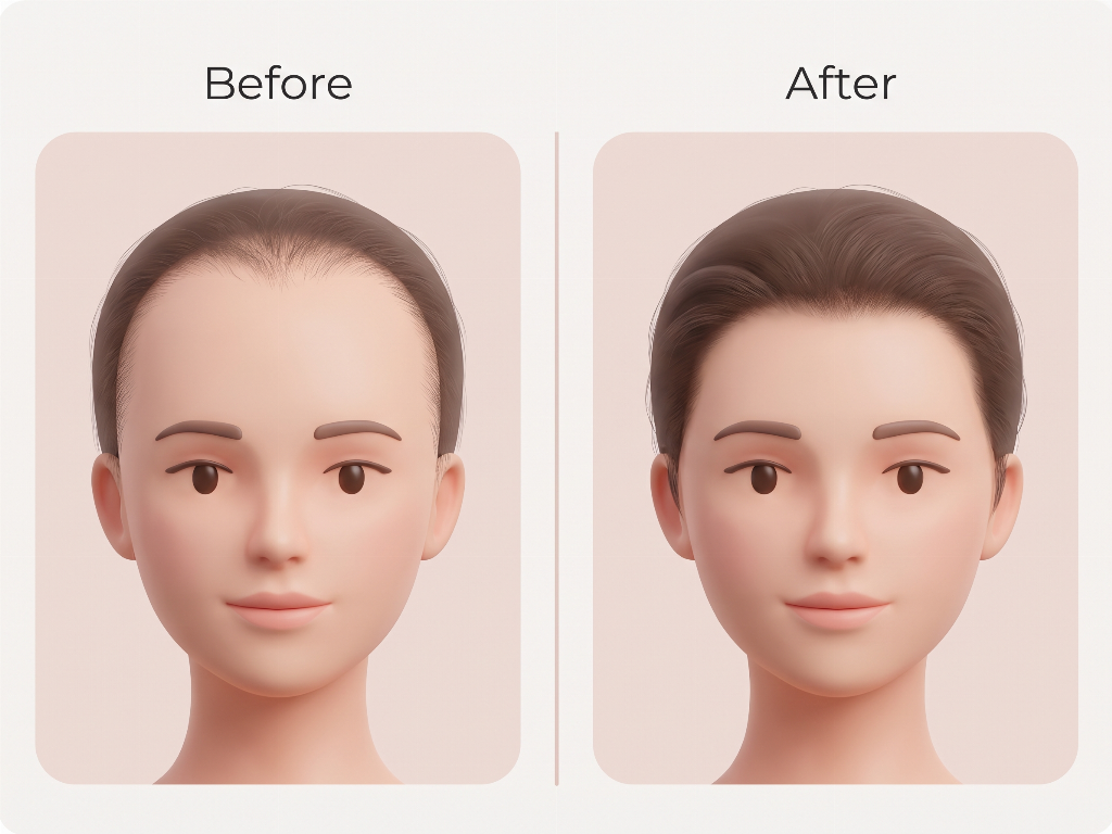 Feminine Hairline Correction: High M-shaped forehead to a soft, rounded hairline.