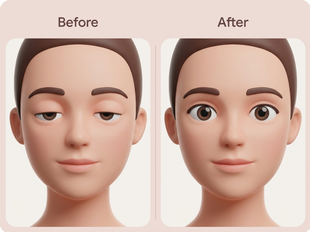 Before and After: Ptosis correction lifts the upper eyelid to reveal more of the eye.