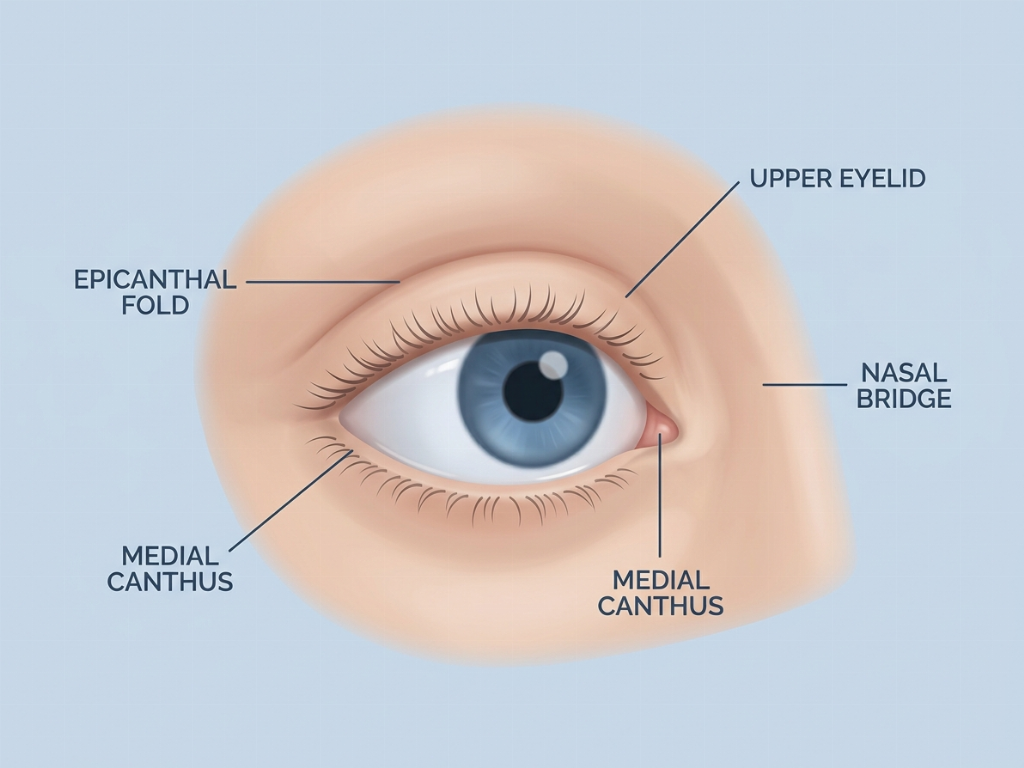 The epicanthal fold covering the medial canthus (inner corner).