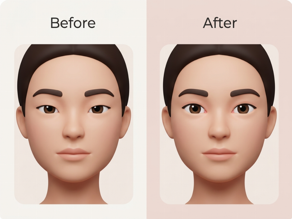 Visible widening of the eye after epicanthoplasty.