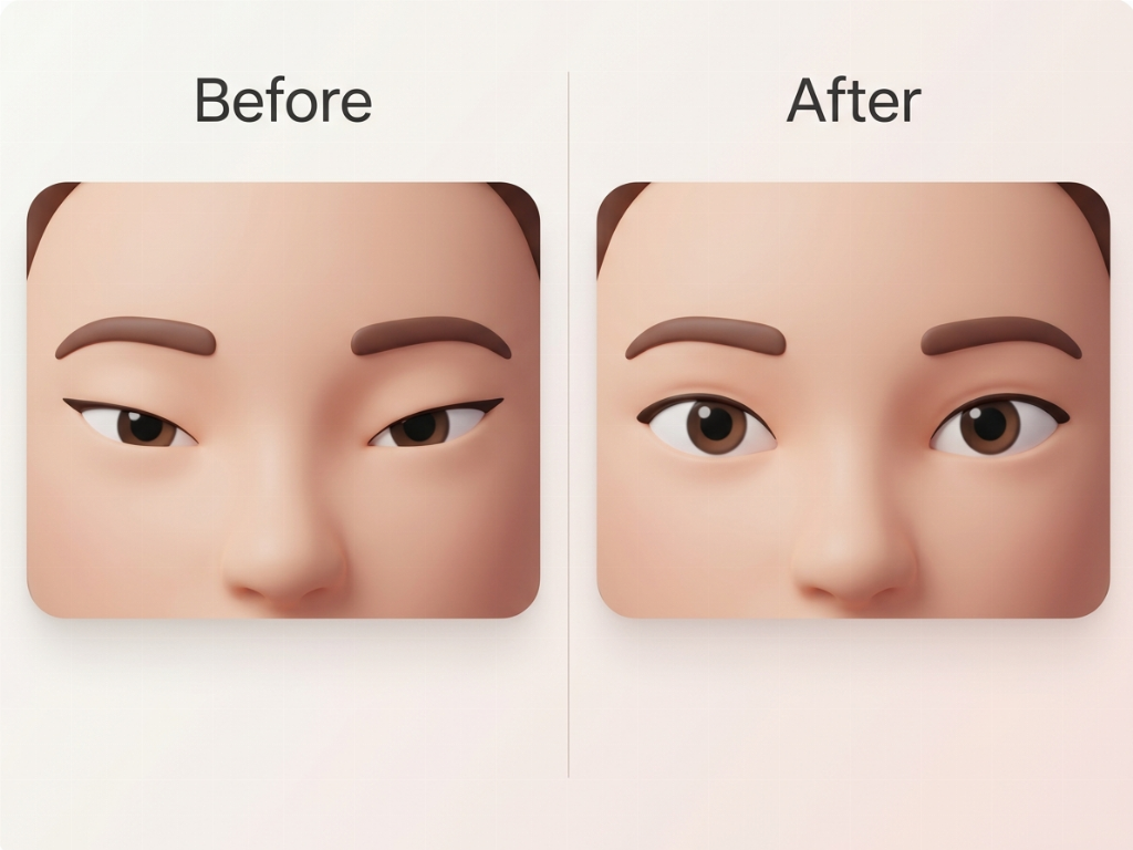 A comparison showing the horizontal elongation and softening of the outer eye corner.