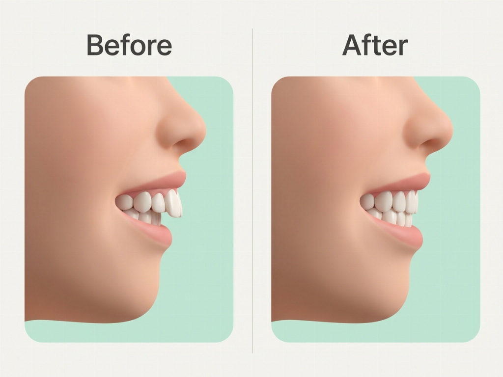 Correction of protruding front teeth and overbite.