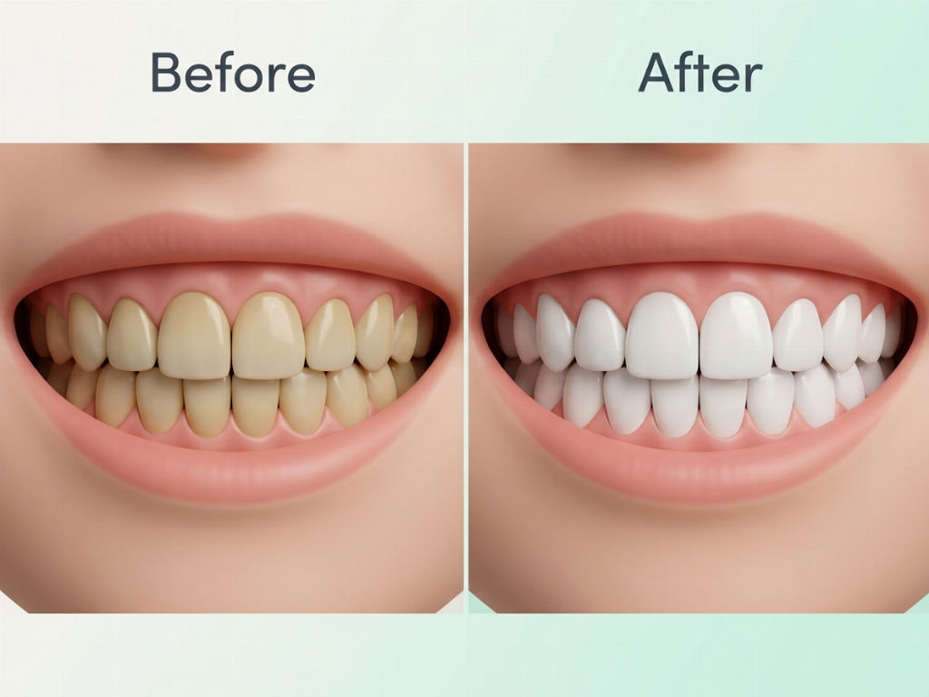 Realistic brightening of natural tooth enamel after a clinical whitening session.