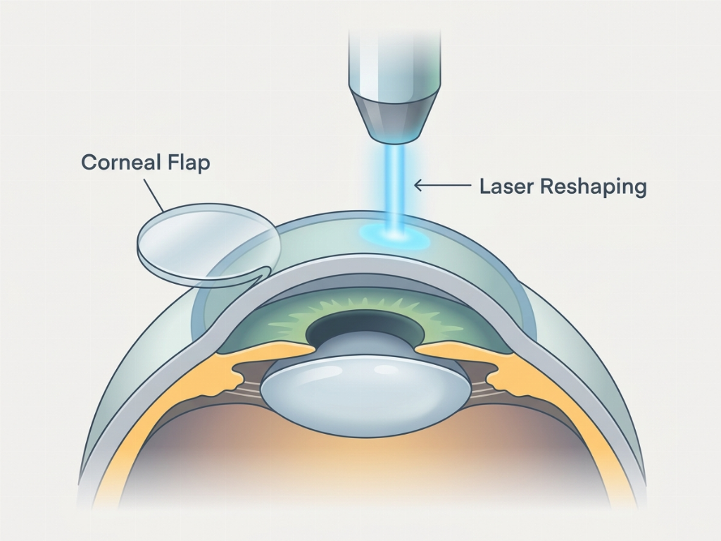 The LASIK process: creating a corneal flap and reshaping the underlying tissue.
