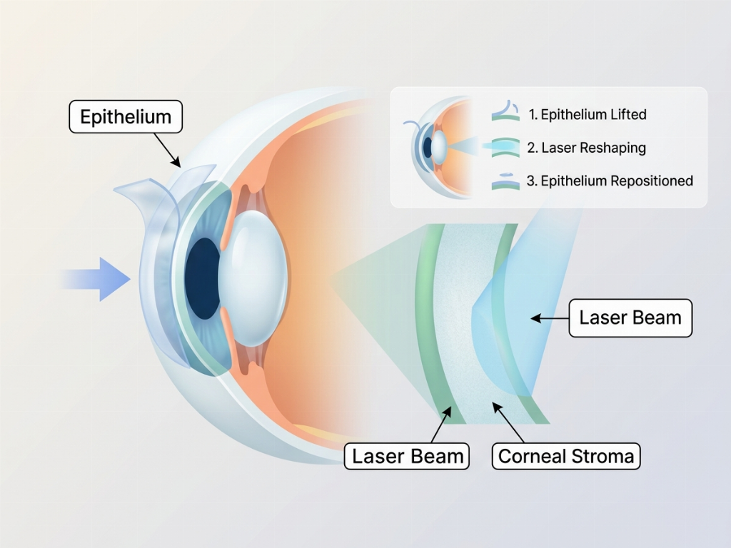 The LASEK technique involves gently moving the thin epithelial layer aside to reshape the cornea.