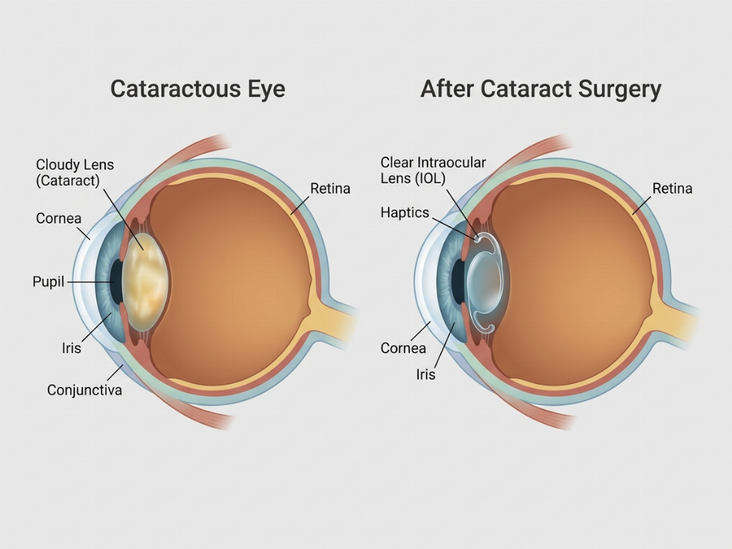 The procedure replaces the cloudy natural lens with a clear artificial intraocular lens (IOL).