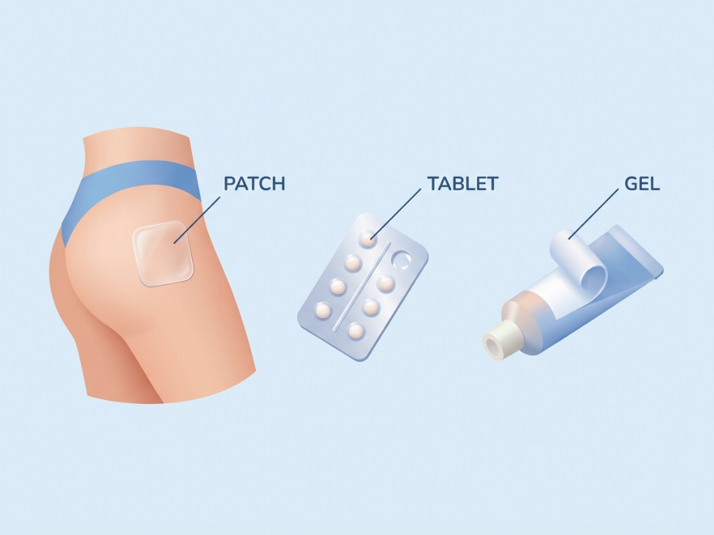 Common methods for administering menopause treatment including patches, tablets, and gels.